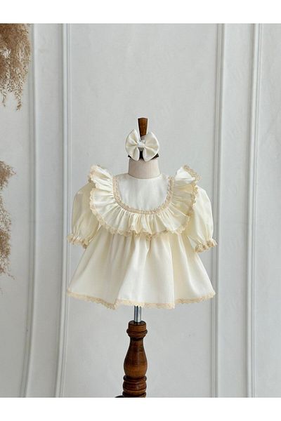 Hobidik Cotton Satin Cream Mevlüt Dress Set for Baby Girl
