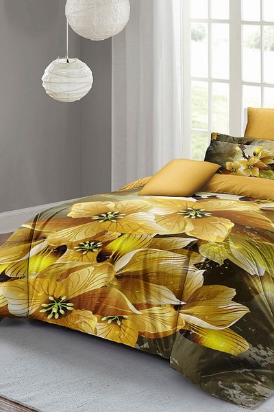PerlaSera 3D Custom Design Duvet Cover Set - Tight Woven Cotton Satin, Yellow Flowers