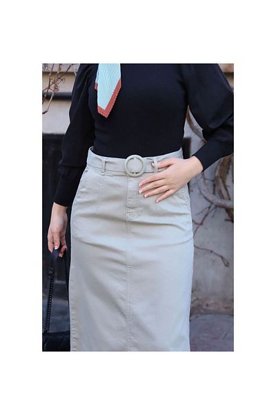 VELLICHOR Pocket Detailed Belted Buckle Gabardine Skirt Thyme-1124