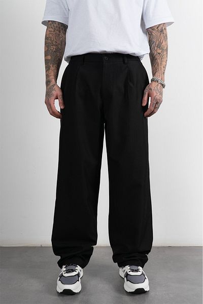 UKHWD SUPPLY Wide Leg Pleated Black Retro Men's Fabric Pants
