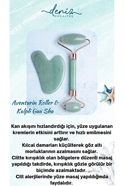 Deniz Doğal Taş Sertifikalı Aventurin Doğal Taşı Roller Ve Kalpli Gua Sha Mas...