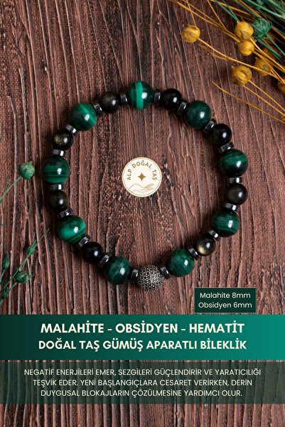 Alp Doğal Taş Orijinal Sertifikalı Malahite (8 mm) Obsidyen (6 mm) Hematit Gü...