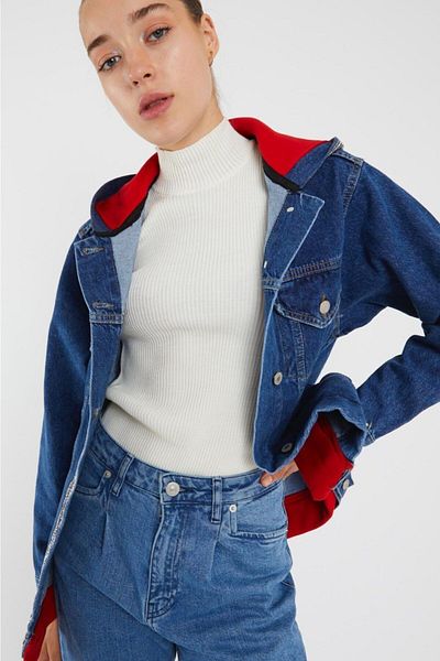 XRAY JEANS Women's Oversize Stoned Hooded Red Denim Coat