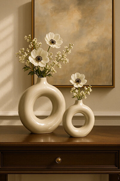 Lush Sisters El Yapımı İskandinav Modern Dekoratif Halka Vazo Seti (2’li) | Krem | Bohem Minimal Tasarım