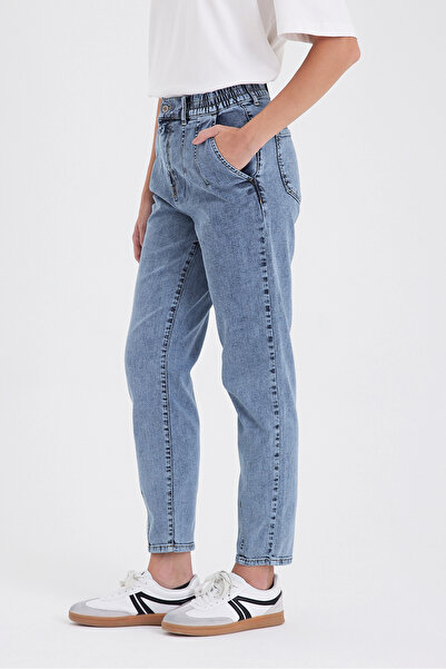 VENA Norah Med Blue Frayed Detailed Elastic Waist Jeans - Med Blue