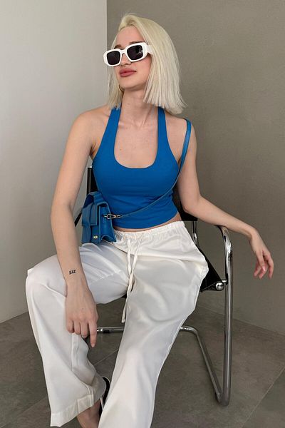 Madmext Crop Top cu gât cu gât albastru MG2456