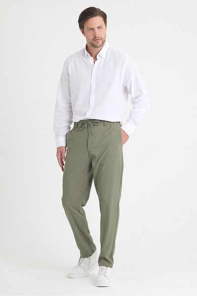 EXSPORT Men's Side Pockets, Elastic Waist, Lace-Up Belt, Relaxed Fit, Comfortable Cut Cool Fabric Trousers