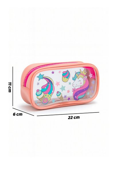 KAFF 01112 Pembe Renk Unicorn Desenli Şeffaf Su Geçirmez Tek Bölmeli Kalem Kutusu