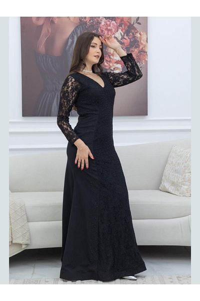 Nice Model Elegant Long Crepe Dress with Lace Overlay & Sheer Sleeves - Formal Evening Gown
