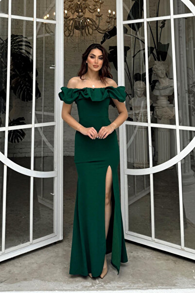 Sindimoda Yaka Fırfırlı Yırtmaçlı Abiye