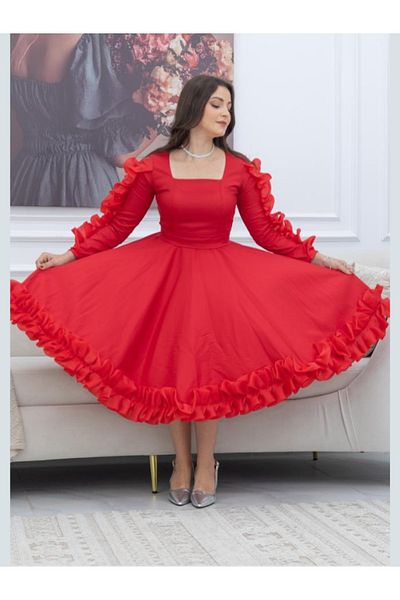Nice Model Elegant Midi Crepe Dress with Ruffle Sleeves - Women's Formal Party Cocktail Dress