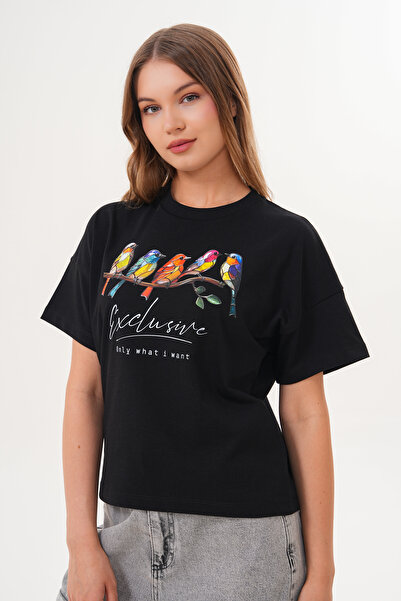 Basics&More Tricou negru pentru femei Exclusive Only What I Want Bird cu impr...