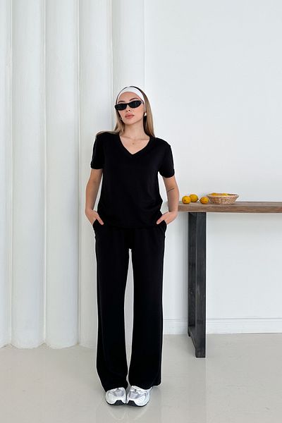The Robi Women's Black Modal Fabric V-Neck Basic Tracksuit Set