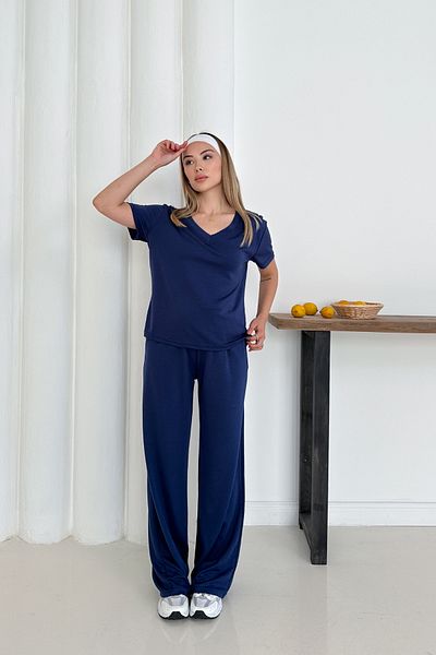 The Robi Women's Navy Blue Modal Fabric V-Neck Basic Tracksuit Set