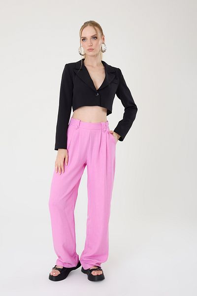 Hazel High Waist Linen Palazzo Trousers - Pink, Buttoned