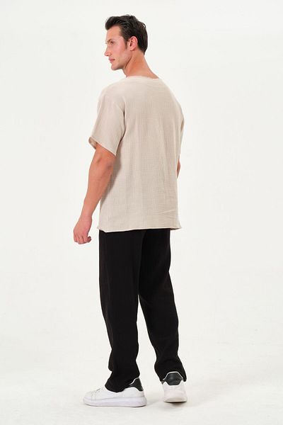 RELAXL Μπεζ χρώμα Oversize Μπλουζάκι με φαρδύ λαιμό V με ραφές - 100% βαμβάκι