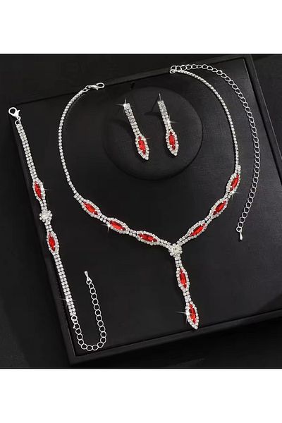 Mihra Aksesuar Necklace Earrings Bracelet Triple Set Red Stone
