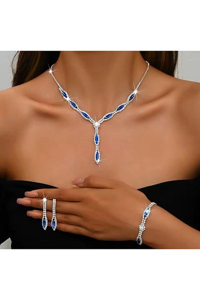 Mihra Aksesuar Necklace Earrings Bracelet Triple Set Blue Stone