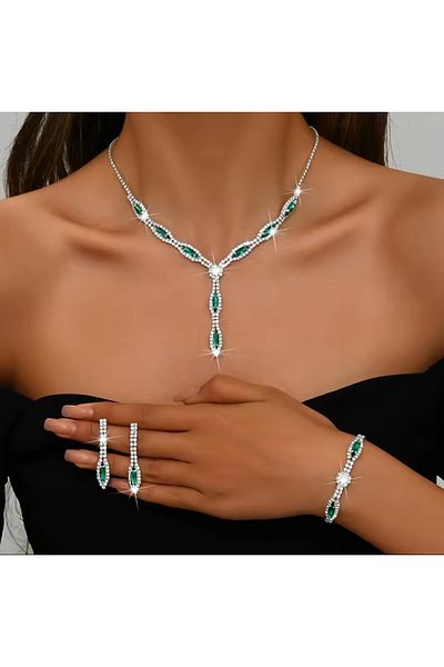 Mihra Aksesuar Necklace Earrings Bracelet Triple Set Green Stone