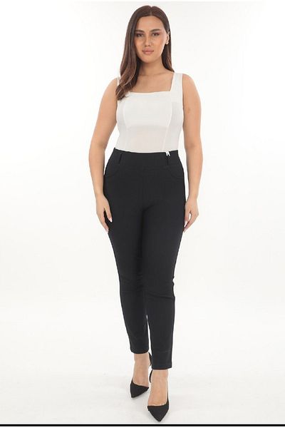 AKŞEN GİYİM Plus Size Recovery Two Size Thin-Looking Rubber Waist Punto Fabric Straight Black Pants