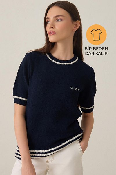 Setre Navy Blue Crew Neck Stripe Detailed Short Sleeve Slim Fit Knitwear Blouse