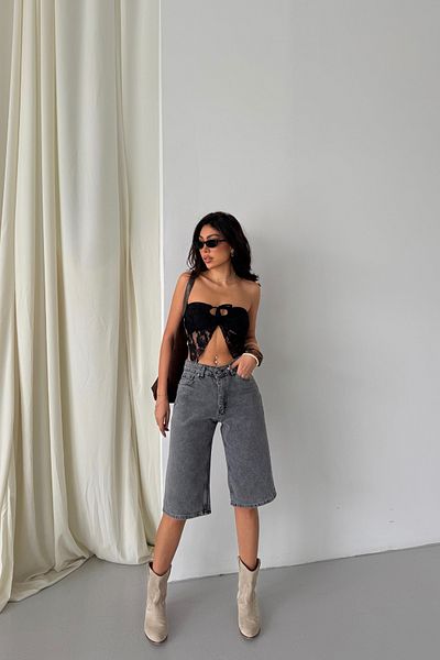 XRAY JEANS Γυναικείο καπνιστό τζιν σορτς με ψηλή μέση μίντι μέχρι το γόνατο με τσέπες