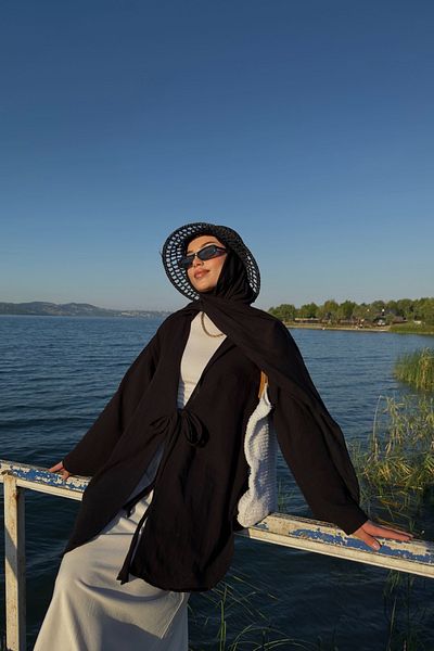 Bipantolon Kimono din in negru - Cravată Detaliată și Design Flam