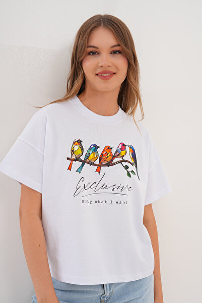 Basics&More Tricou alb pentru femei Exclusive Only What I Want Bird cu imprim...