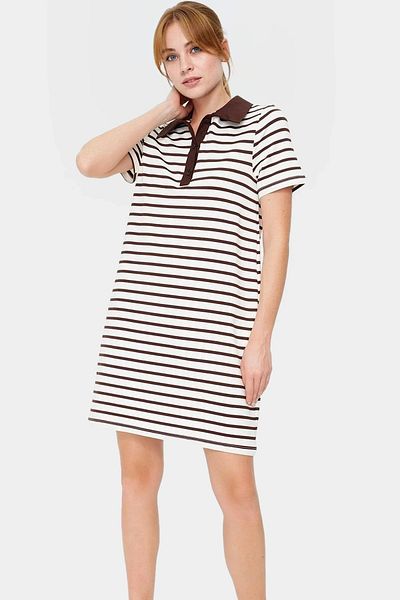 PayBuy Striped Viscose Blend Polo Neck Short Sleeve A-Line Dress Custom Design Zarifane