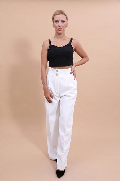 ÖNDER ÖZSOY High Waist Ecru Trousers - Pleated and Wide Leg