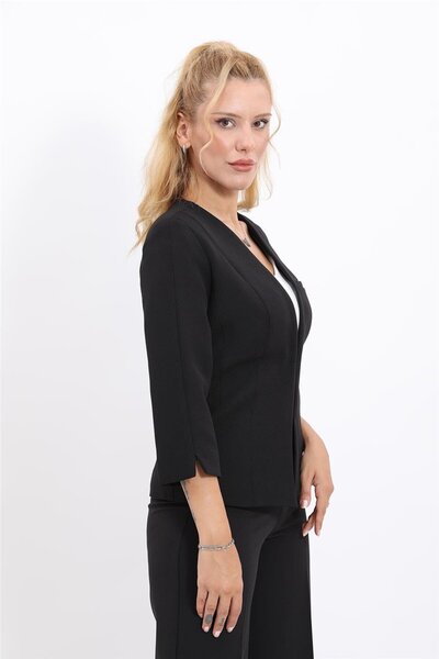 ÖNDER ÖZSOY V Yaka Boydan Kuplu Kısa Ceket-Siyah