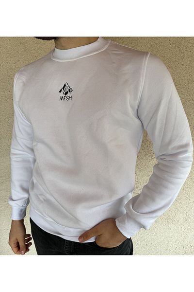 Mesh Men's White Cotton Winter Crew Neck Premium Sweatshirt Embroidered Soft Relaxed Fit