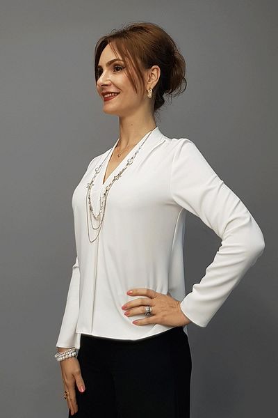 ÖNDER ÖZSOY V Neck Shoulder Pleated Long Sleeve Blouse-White