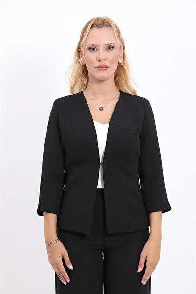 ÖNDER ÖZSOY V-Neck Boydan Kuplu Short Jacket-Black