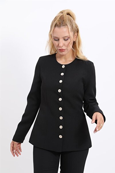 ÖNDER ÖZSOY Sıfır Yaka Boydan Düğmeli Ceket-Siyah