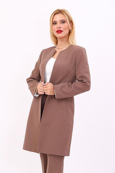 ÖNDER ÖZSOY O-Neck Plain Long Jacket-Coffee