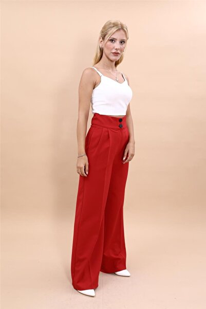 ÖNDER ÖZSOY Yüksek Bel Pileli Bol Paça Pantolon-Kırmızı