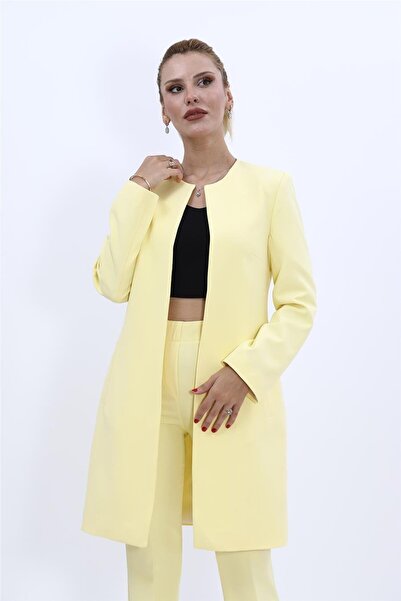 ÖNDER ÖZSOY Sıfır Yaka Düz Uzun Ceket-Sarı