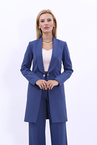 ÖNDER ÖZSOY Şal Yaka Cepli Uzun Ceket-İndigo