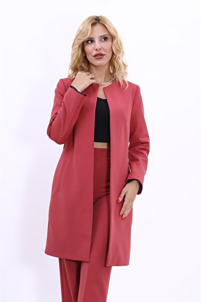 ÖNDER ÖZSOY Sıfır Yaka Düz Uzun Ceket-Kiremit