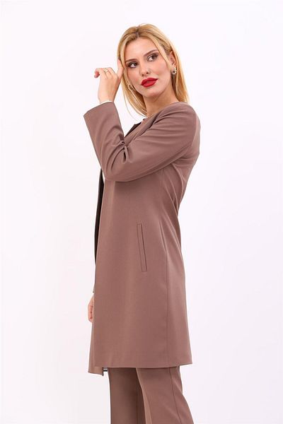 ÖNDER ÖZSOY O-Neck Plain Long Jacket-Coffee