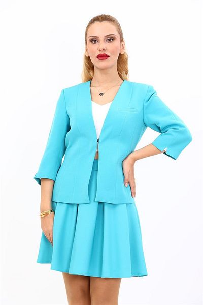 ÖNDER ÖZSOY V-Neck Full-Length Short Jacket-Turquoise