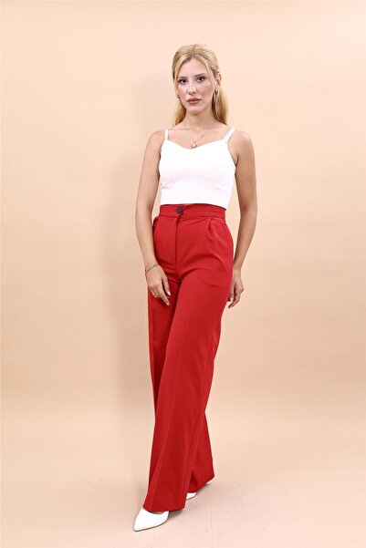 ÖNDER ÖZSOY Yüksek Bel Bol Paça Pantolon-Kırmızı