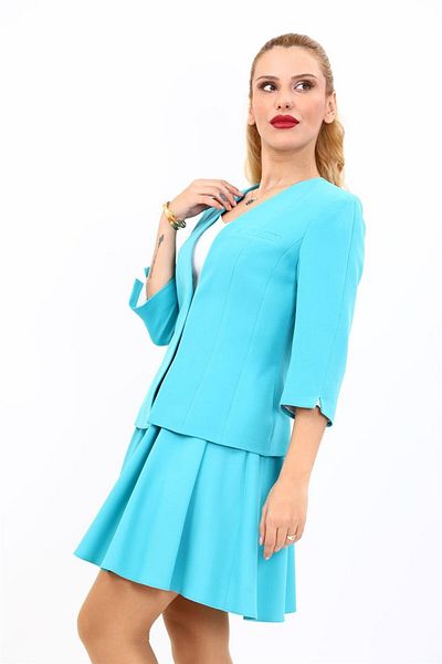 ÖNDER ÖZSOY V-Neck Full-Length Short Jacket-Turquoise