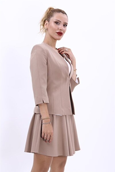 ÖNDER ÖZSOY V Yaka Boydan Kuplu Kısa Ceket-Taş