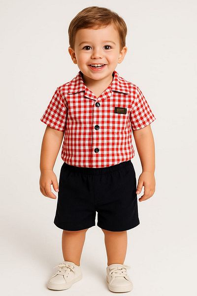 dinamik çocuk 2-Piece Set with Satin Shirt and Shorts for Boys - Summer, Pitta, Short Sleeve (FULL FIT)
