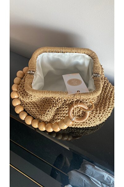 PeriStore Geantă de mână Talya din răchită cu curea din mărgele de lemn 25x20cm, căptușită, lucrată manual