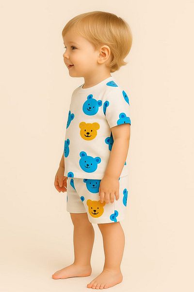 dinamik çocuk 2-Piece Embroidered and Teddy Bear Bottom-Top Set for Boys and Girls - Unisex Summer, Thin Short Sleeve