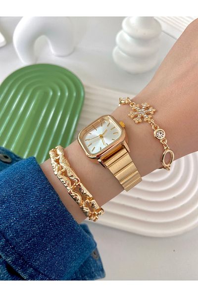 Arzu Butik Women's Wristwatch Square Metal Strap Gold Color & With Bracelets