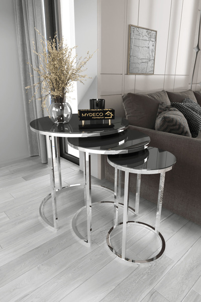 home plus mobilya 3'lü Gümüş Ayak Füme Ayna & Bohem Sehpa & Zigon Sehpa & Orta Sehpa & Modern Sehpa Takımı